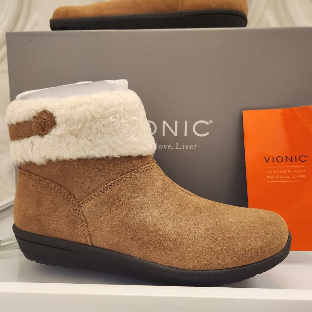 Vionic Tan Suede Ankle Boot with Cream Faux-Shearling Cuff